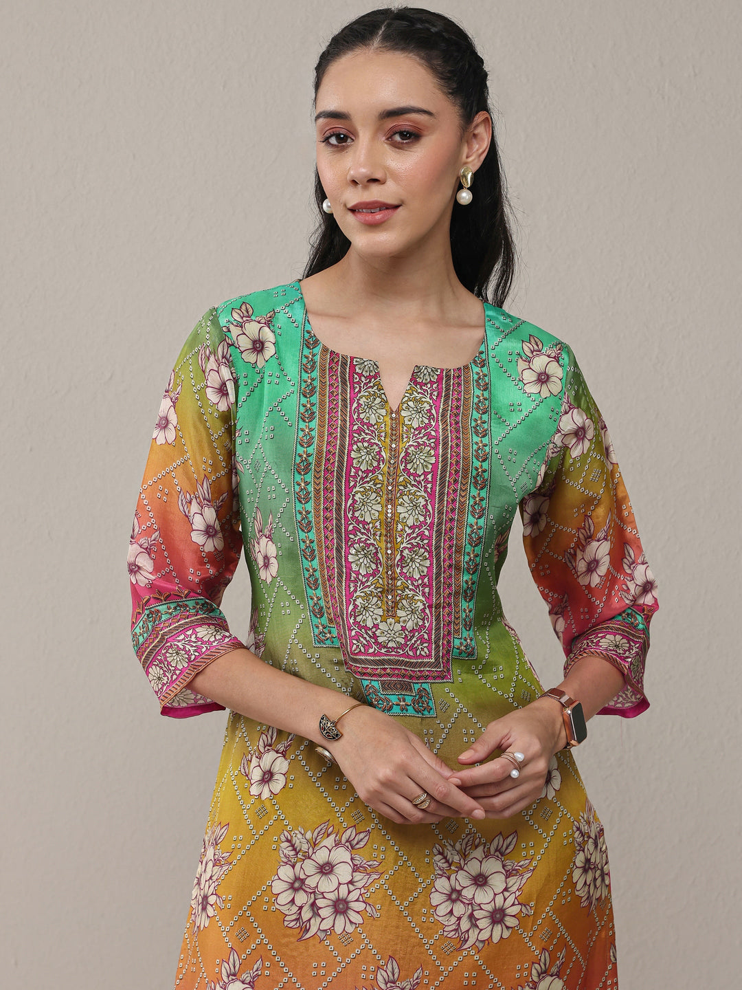 Libas Multi Floral Printed Organza Straight Kurta