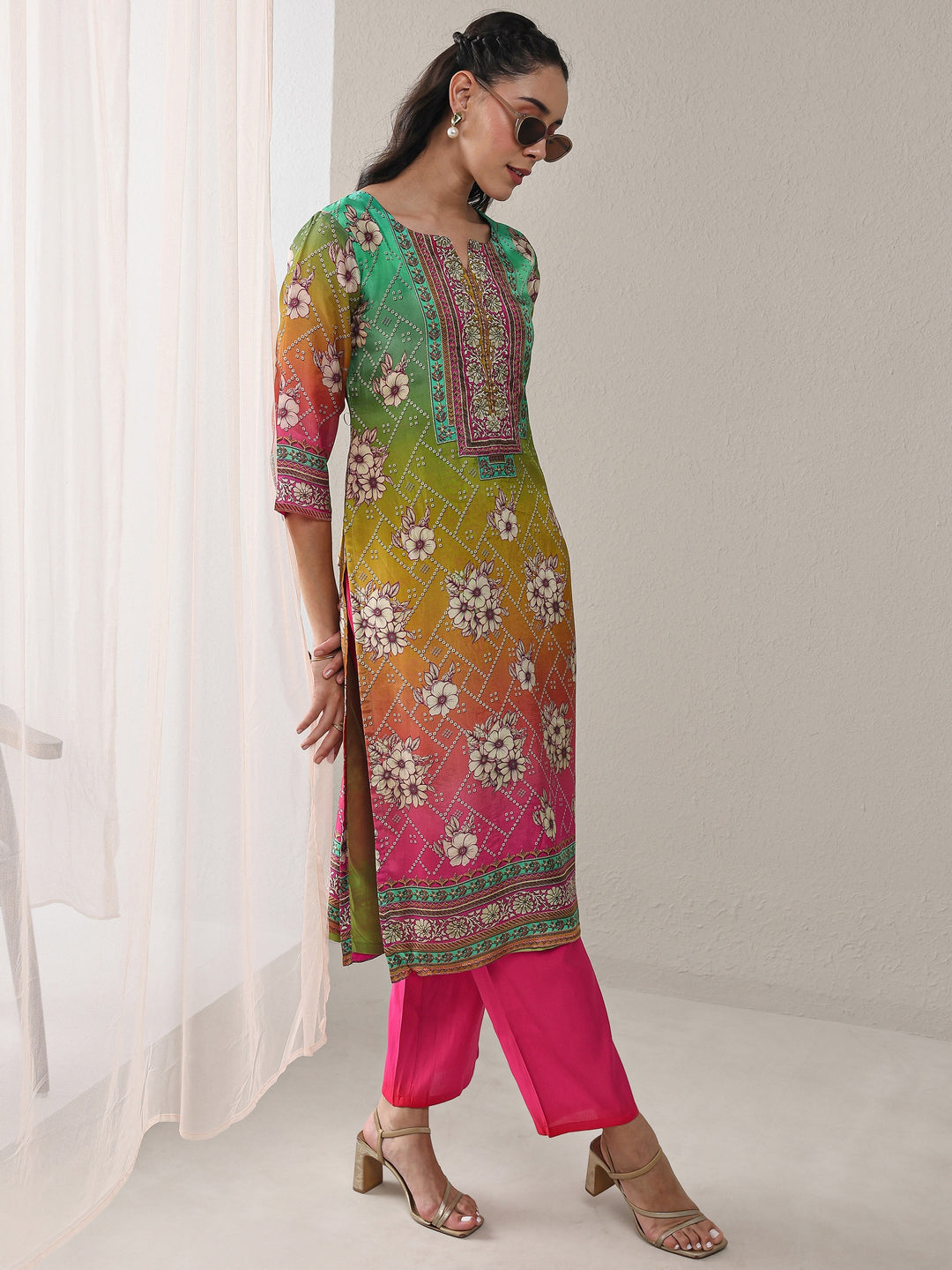 Libas Multi Floral Printed Organza Straight Kurta