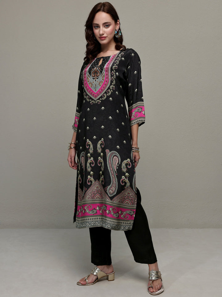 Black Paisley Printed Crepe Straight Kurta