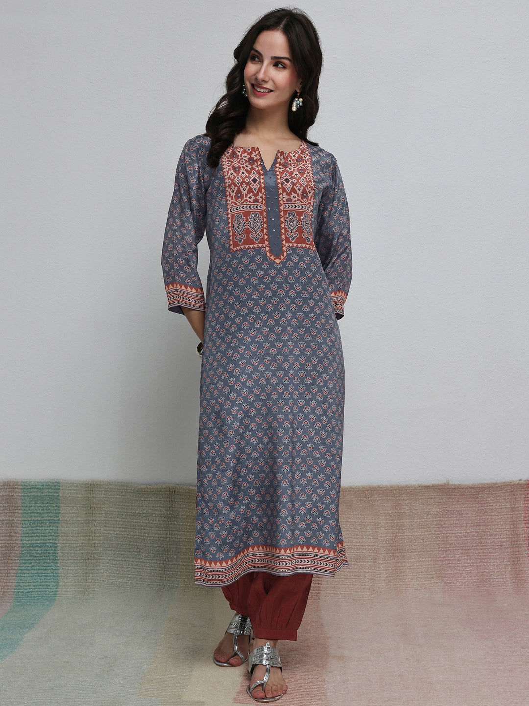 Libas Blue Floral Printed Crepe Straight Kurta