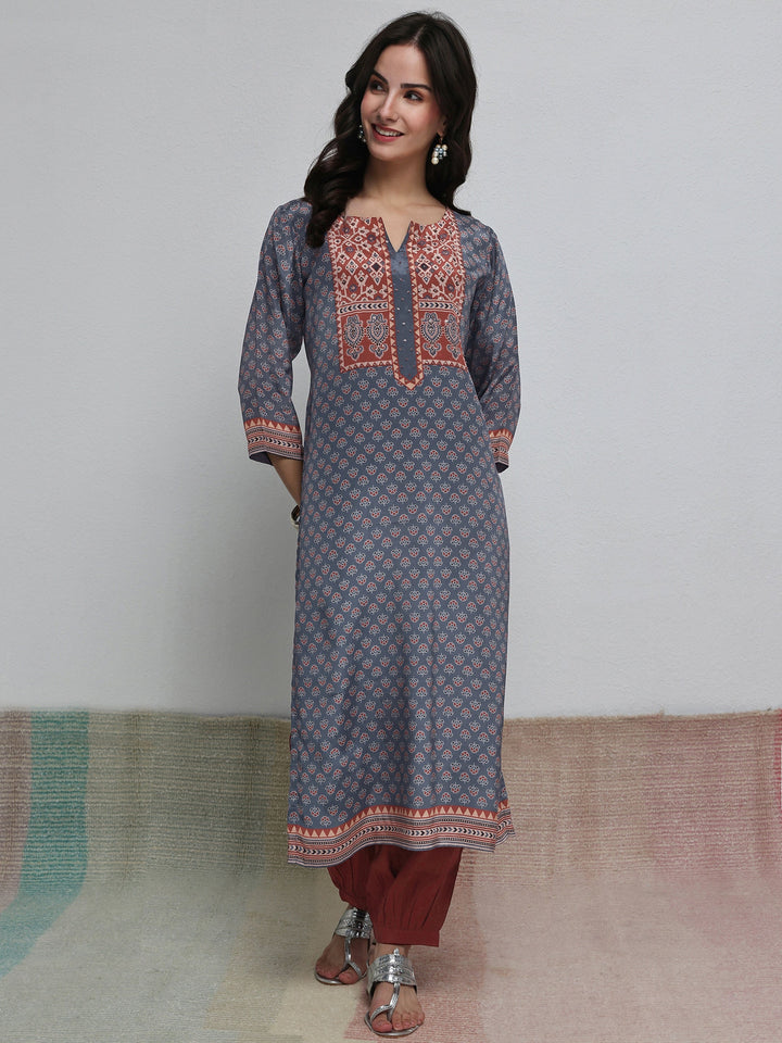 Libas Blue Floral Printed Crepe Straight Kurta