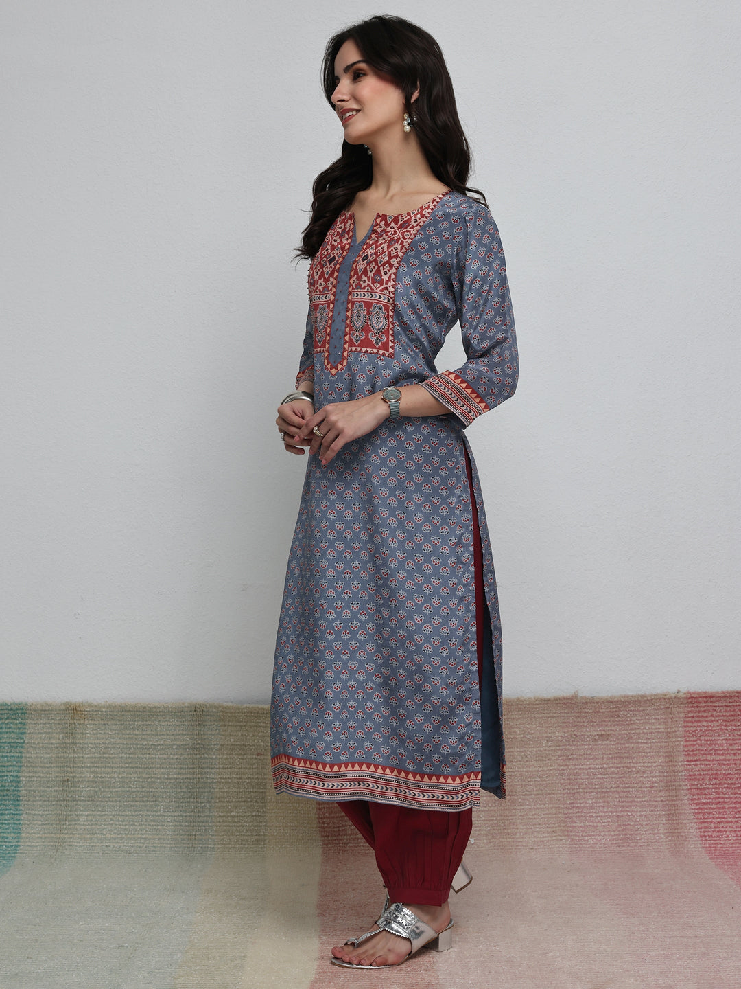 Libas Blue Floral Printed Crepe Straight Kurta