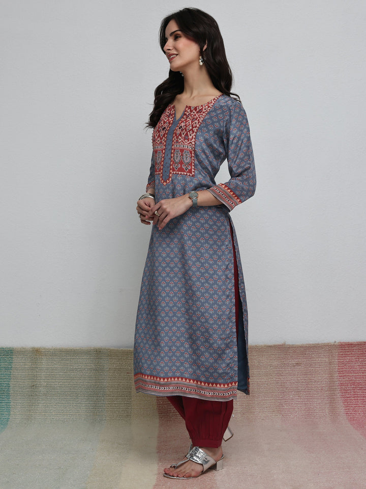 Libas Blue Floral Printed Crepe Straight Kurta
