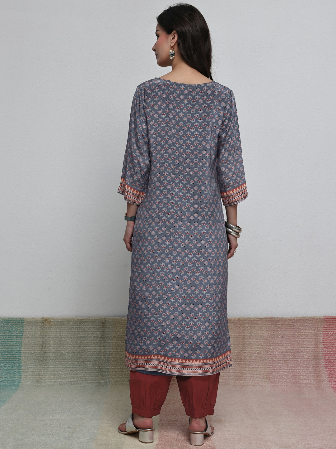 Libas Blue Floral Printed Crepe Straight Kurta