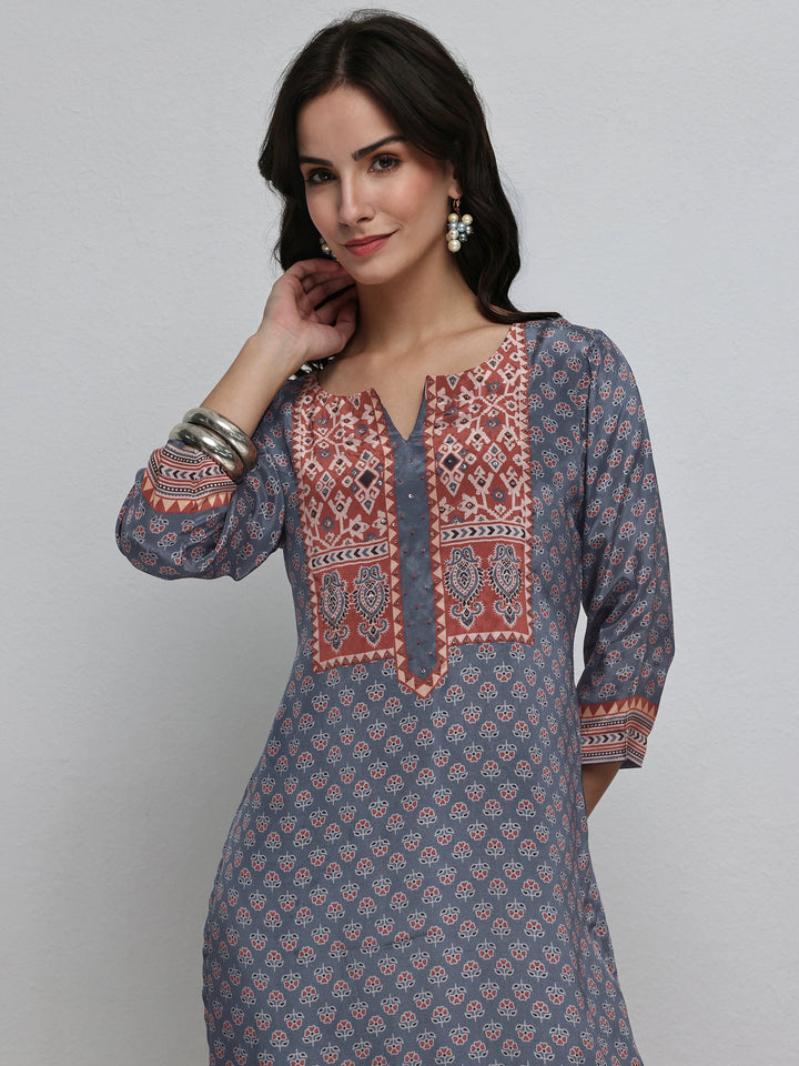Libas Blue Floral Printed Crepe Straight Kurta