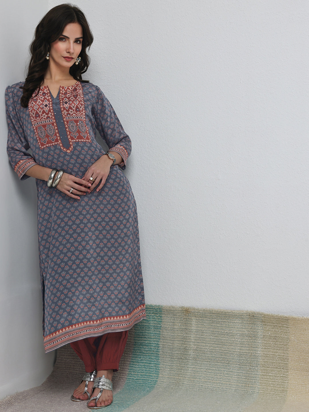 Libas Blue Floral Printed Crepe Straight Kurta