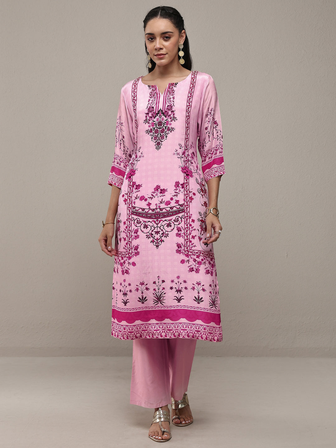 Libas Pink Floral Printed Crepe Straight Kurta