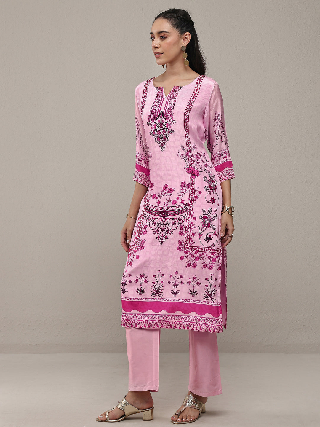 Libas Pink Floral Printed Crepe Straight Kurta