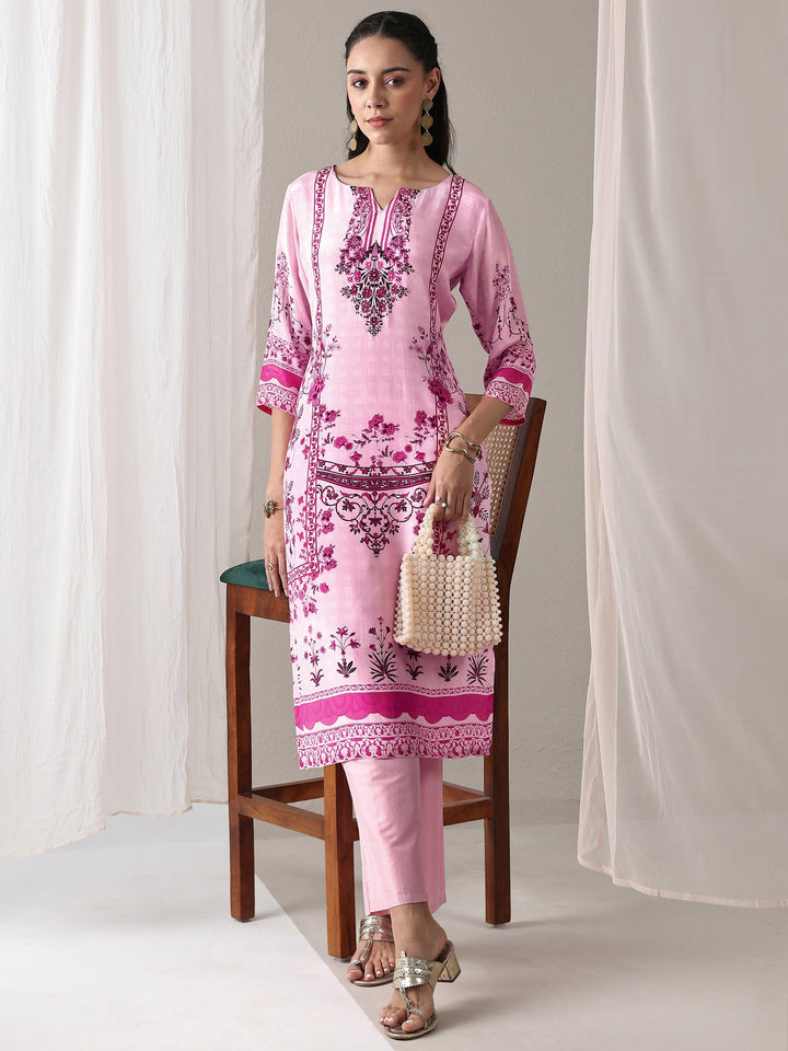 Libas Pink Floral Printed Crepe Straight Kurta
