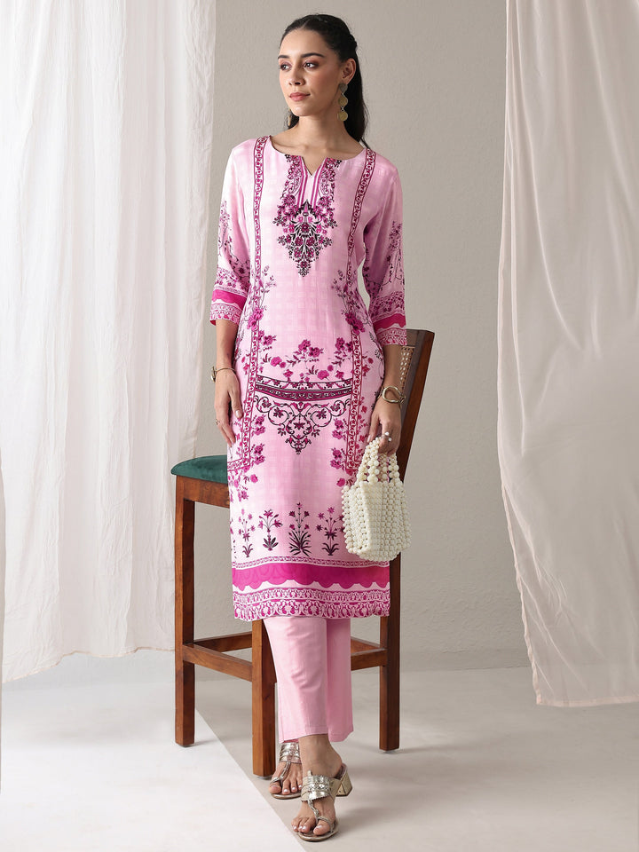 Libas Pink Floral Printed Crepe Straight Kurta