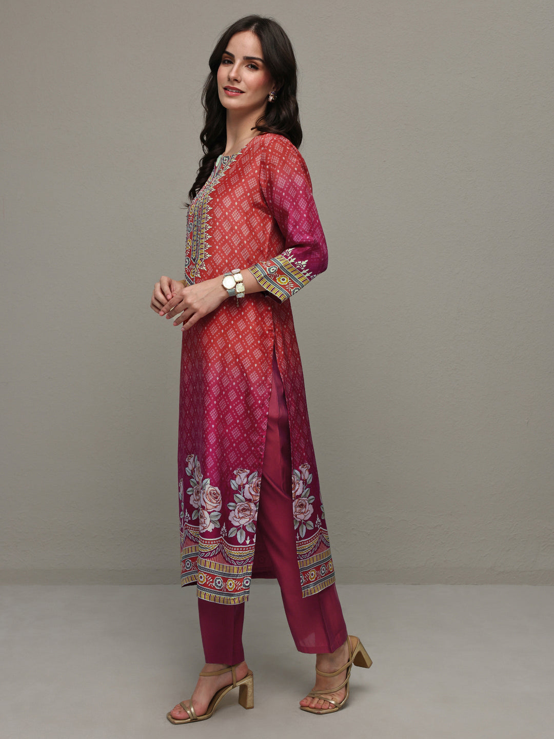 Rust Bandhani Printed Organza Straight Kurta