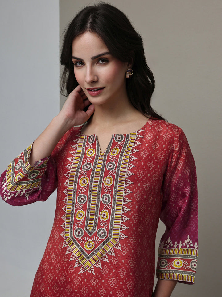 Rust Bandhani Printed Organza Straight Kurta