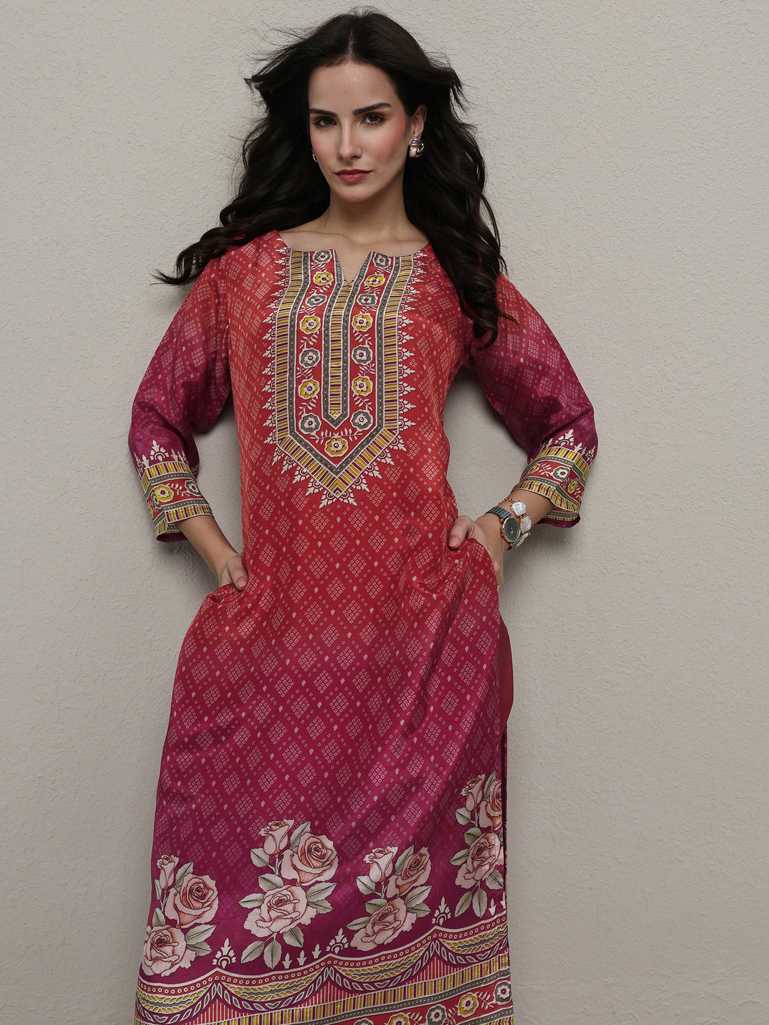 Rust Bandhani Printed Organza Straight Kurta