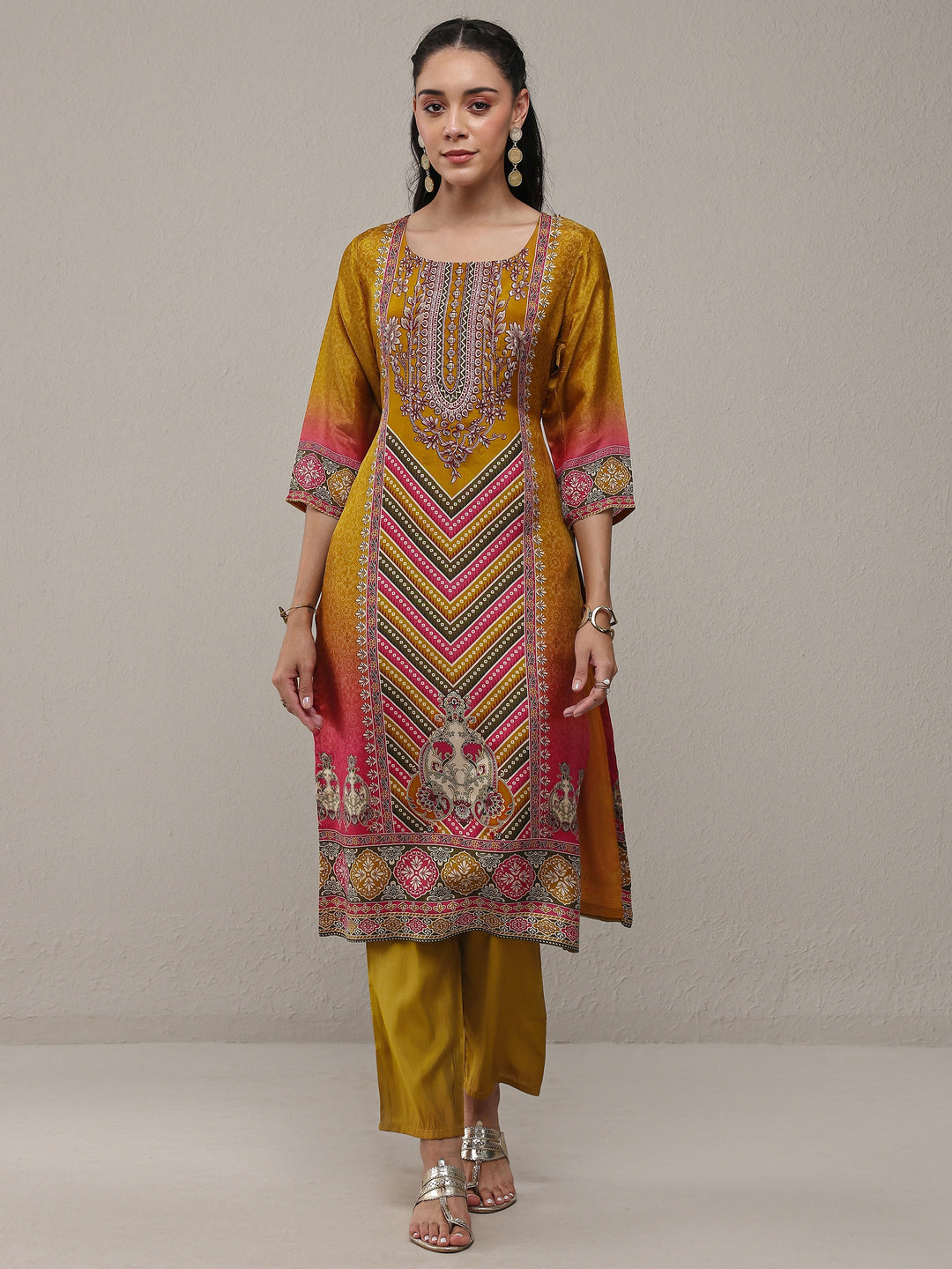 Libas Mustard Ethnic Printed Organza Straight Kurta