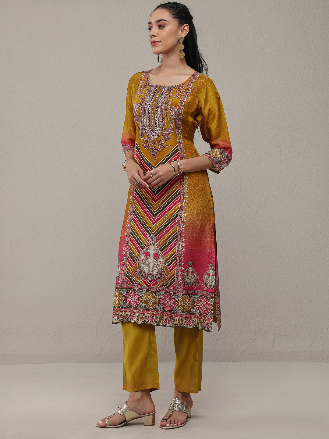 Libas Mustard Ethnic Printed Organza Straight Kurta
