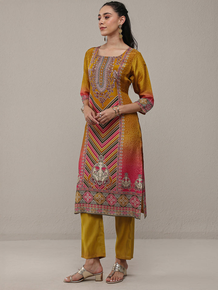 Libas Mustard Ethnic Printed Organza Straight Kurta
