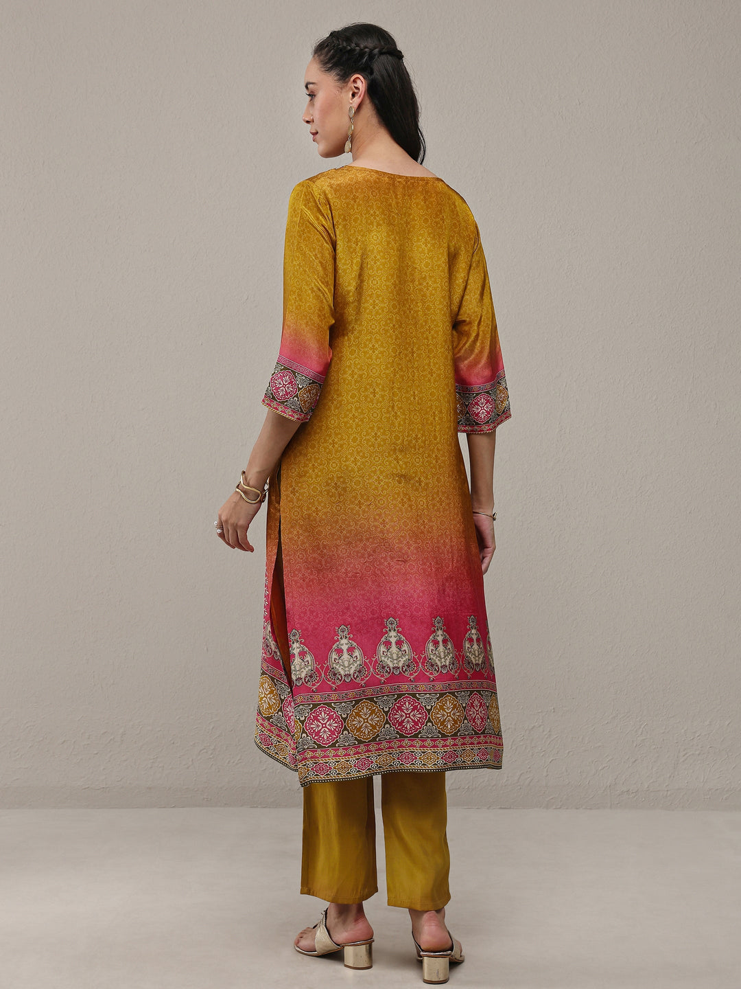 Libas Mustard Ethnic Printed Organza Straight Kurta