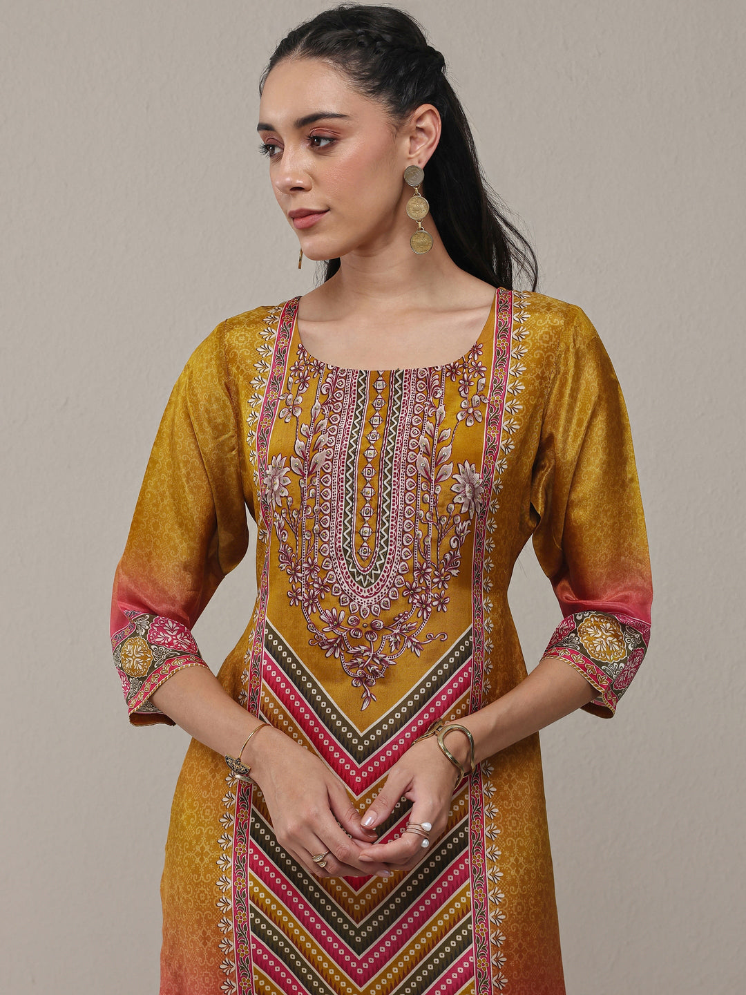 Libas Mustard Ethnic Printed Organza Straight Kurta