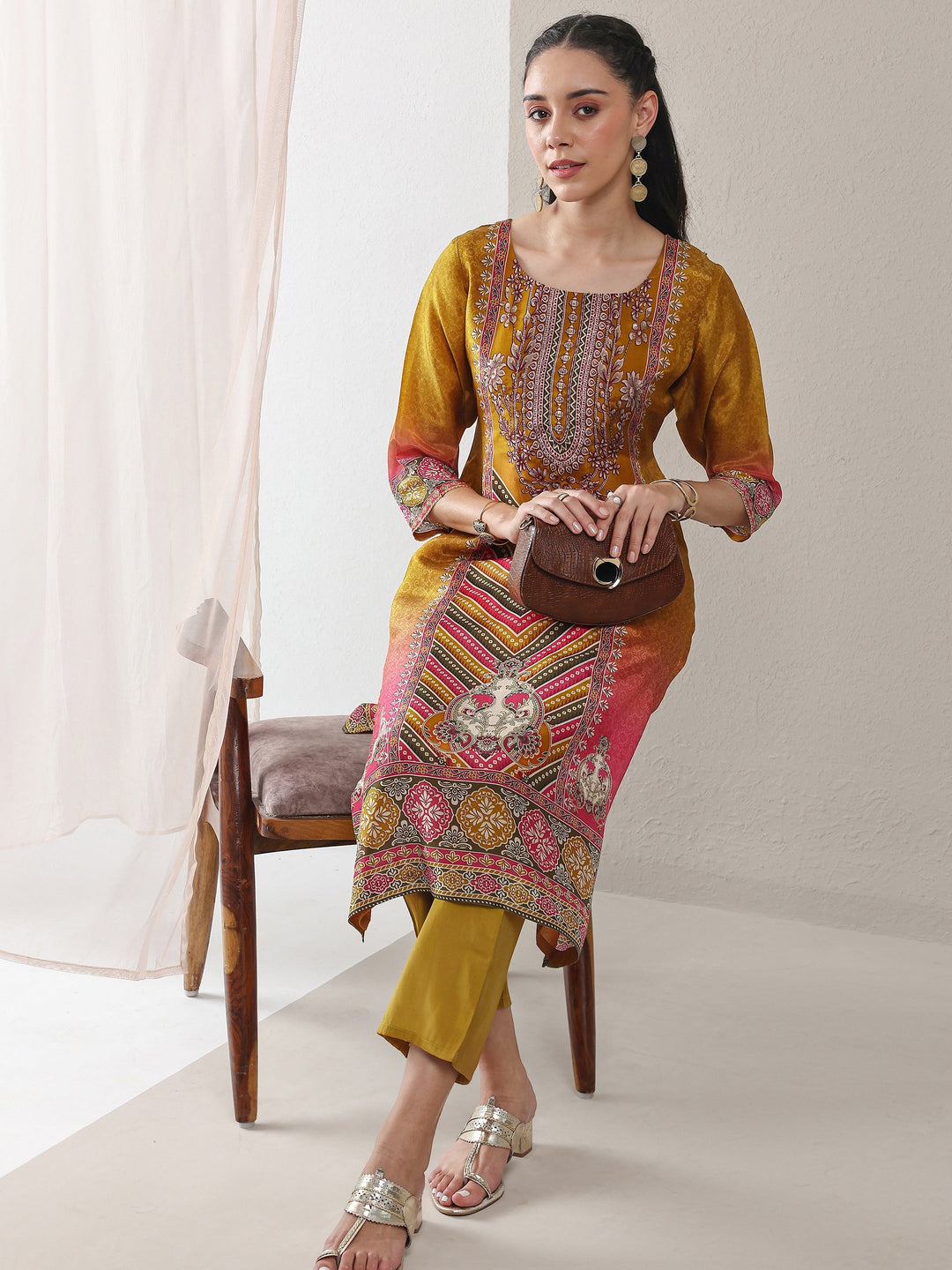 Libas Mustard Ethnic Printed Organza Straight Kurta