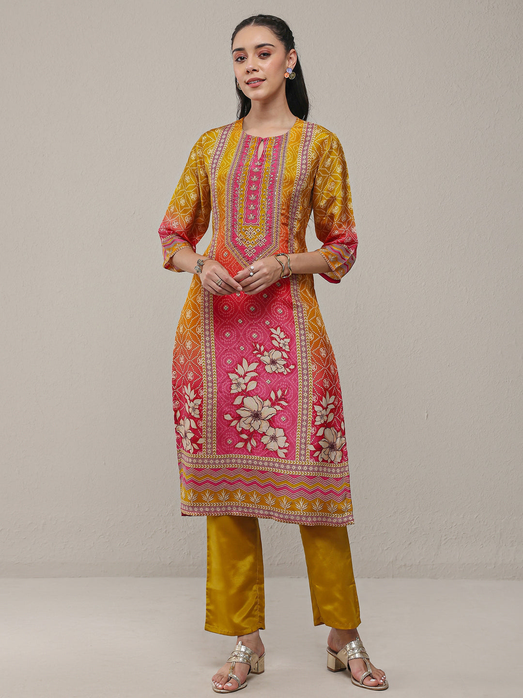 Libas Mustard Bandhani Printed Organza Straight Kurta