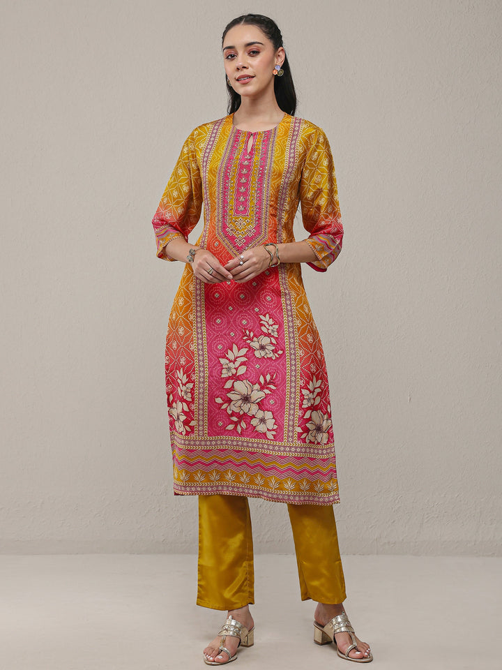 Libas Mustard Bandhani Printed Organza Straight Kurta