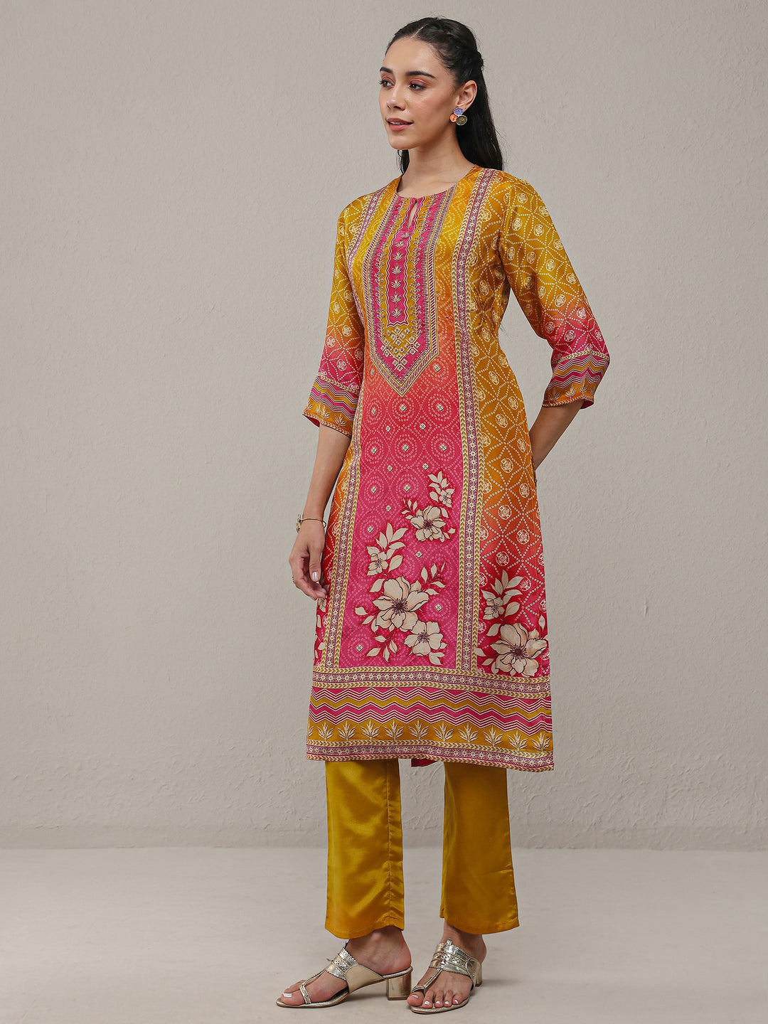 Libas Mustard Bandhani Printed Organza Straight Kurta