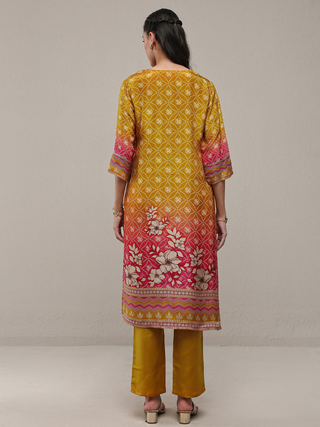 Libas Mustard Bandhani Printed Organza Straight Kurta