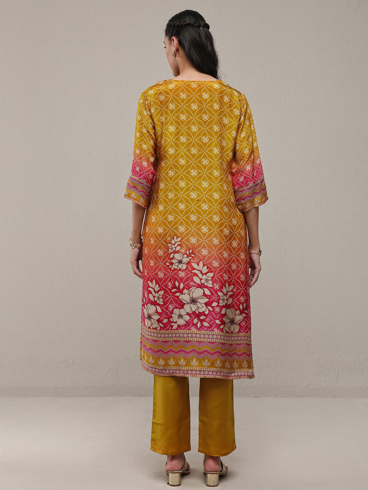 Libas Mustard Bandhani Printed Organza Straight Kurta