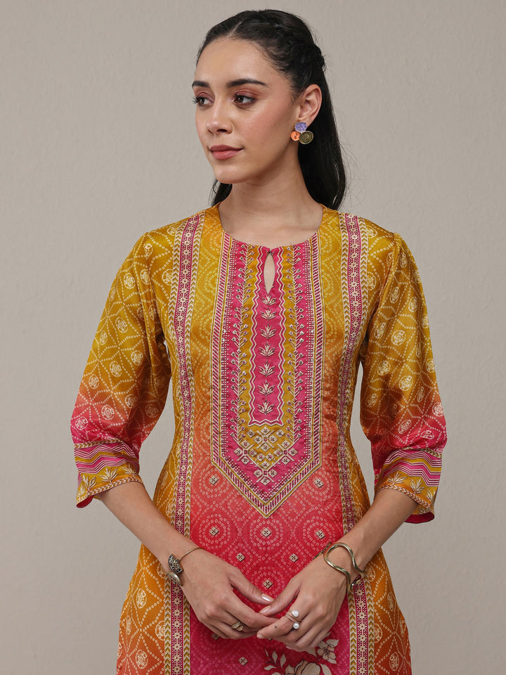 Libas Mustard Bandhani Printed Organza Straight Kurta