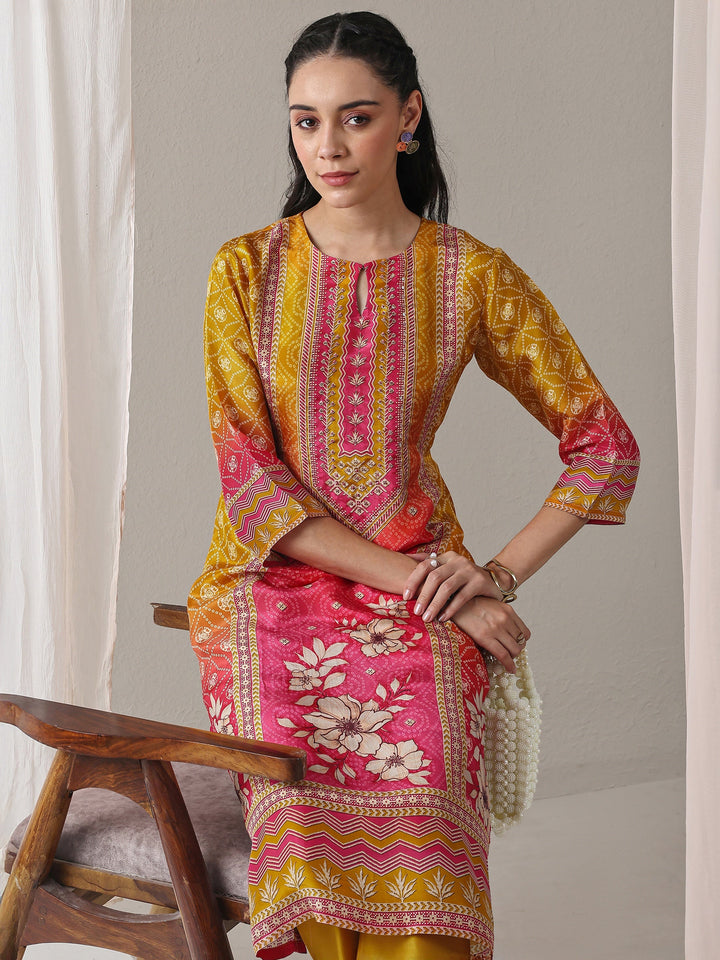 Libas Mustard Bandhani Printed Organza Straight Kurta