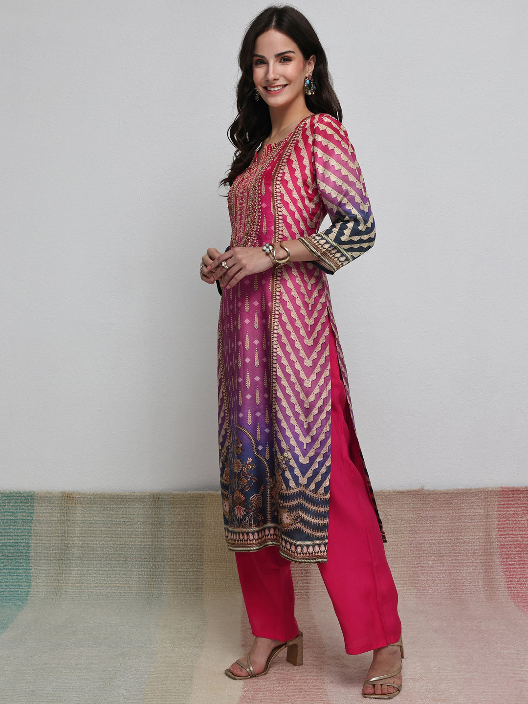 Libas Multi Ethnic Printed Organza Straight Kurta
