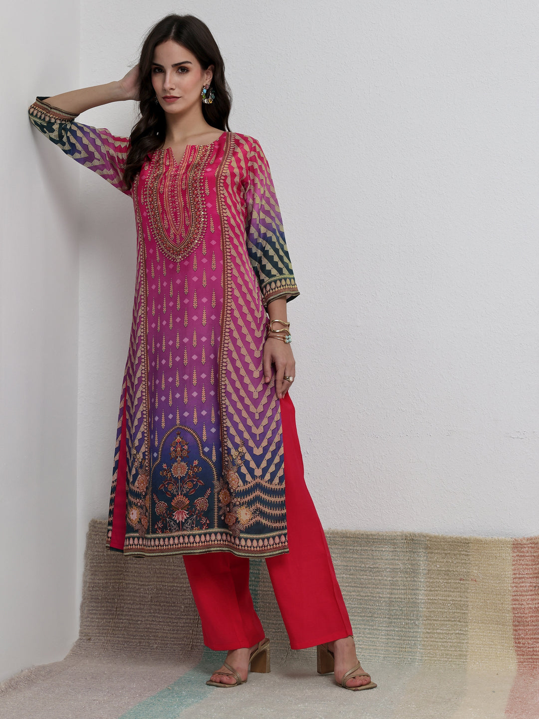 Libas Multi Ethnic Printed Organza Straight Kurta