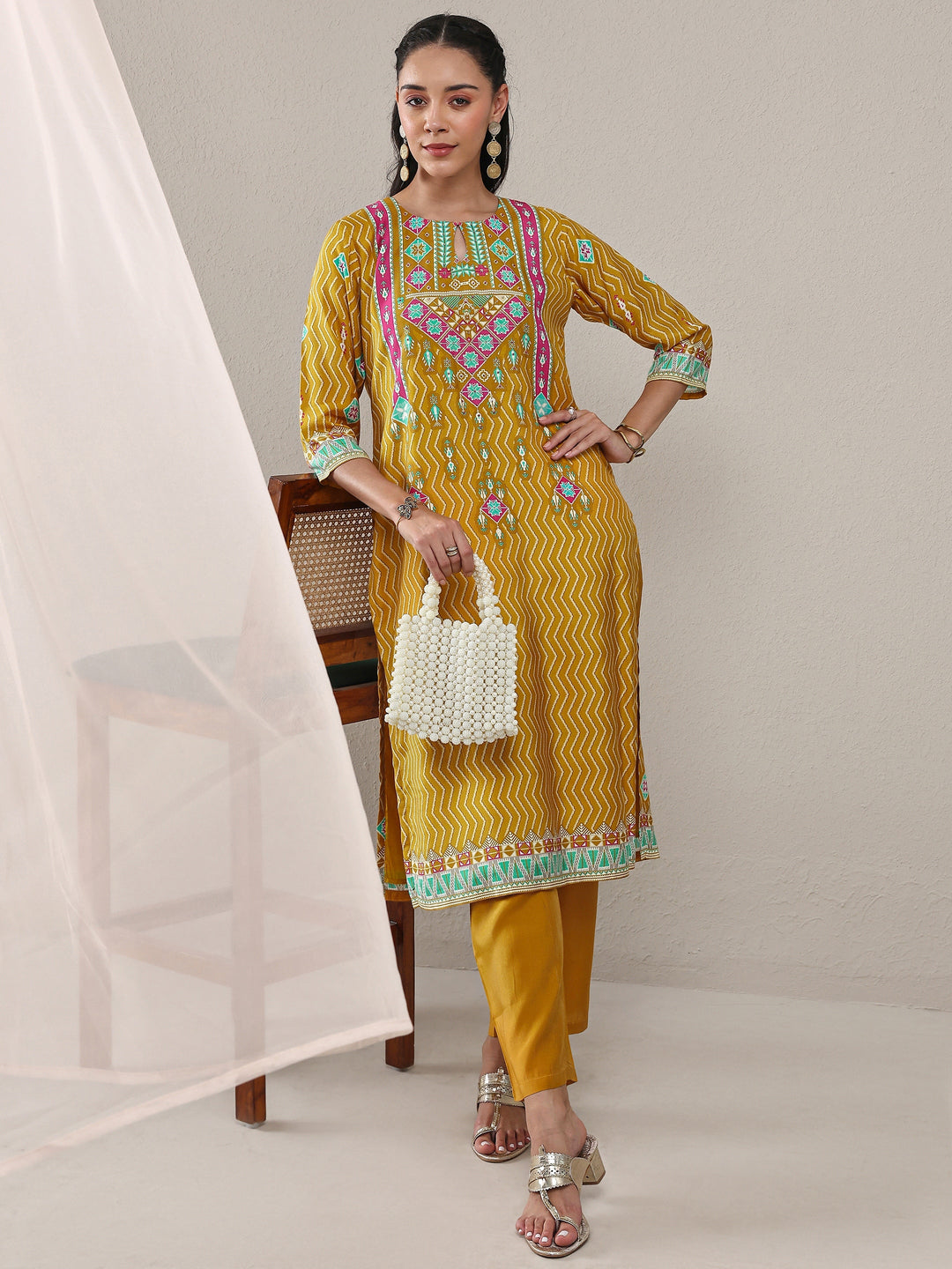 Mustard Chevron Printed Silk Blend Straight Kurta