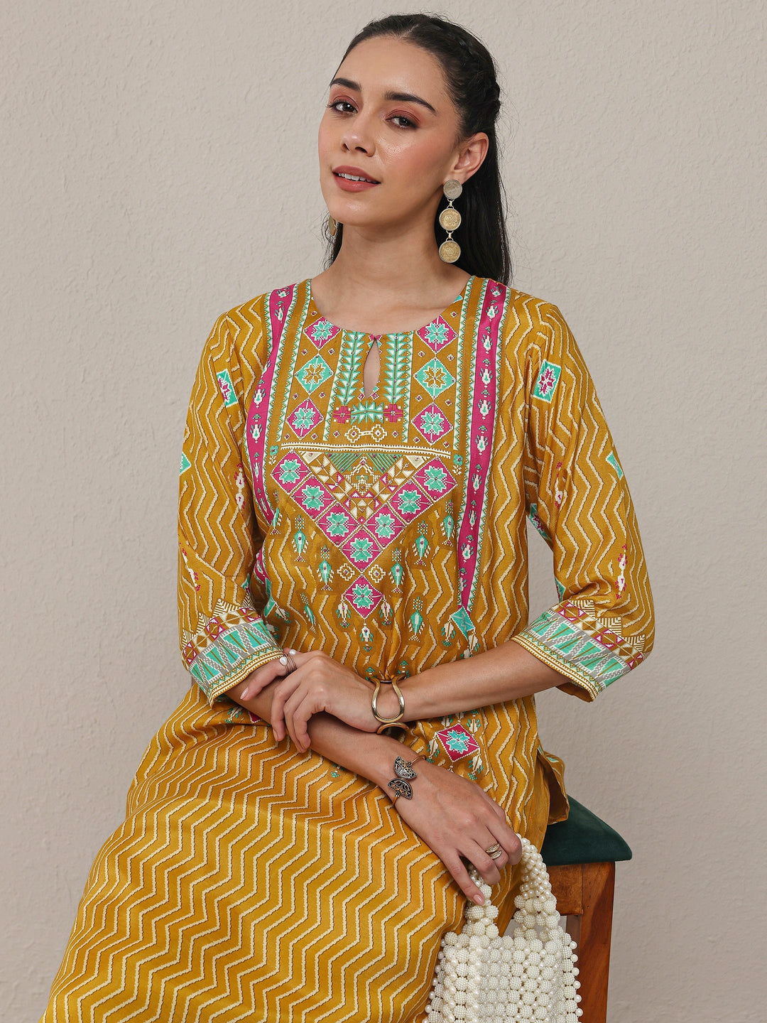 Mustard Chevron Printed Silk Blend Straight Kurta