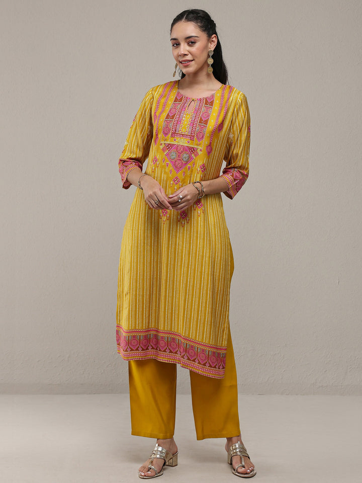 Mustard Ethnic Printed Silk Blend Straight Kurta