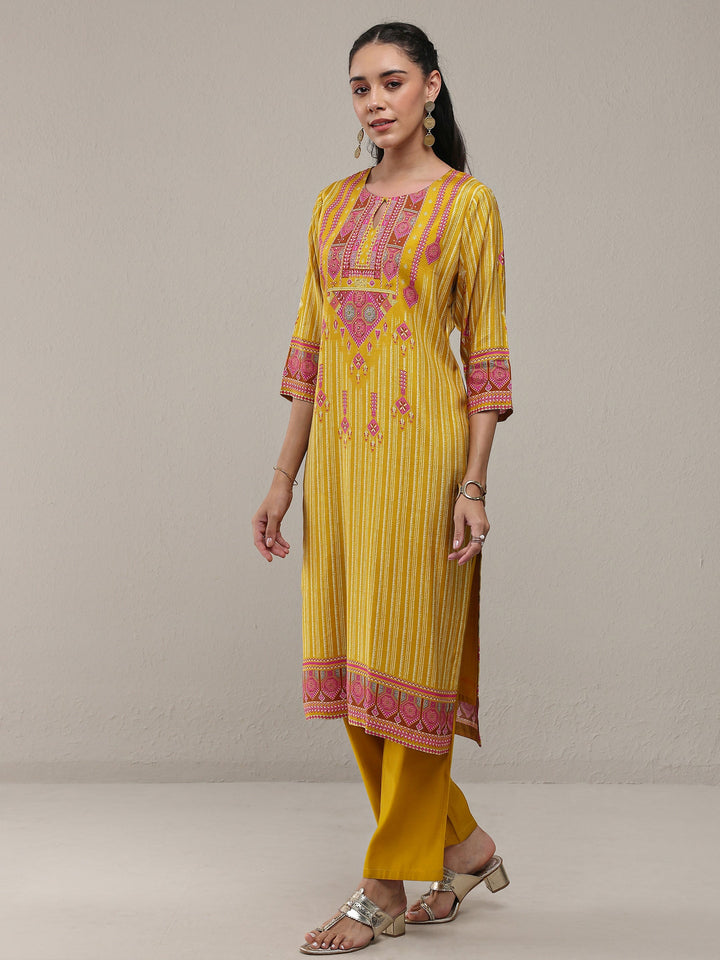 Mustard Ethnic Printed Silk Blend Straight Kurta