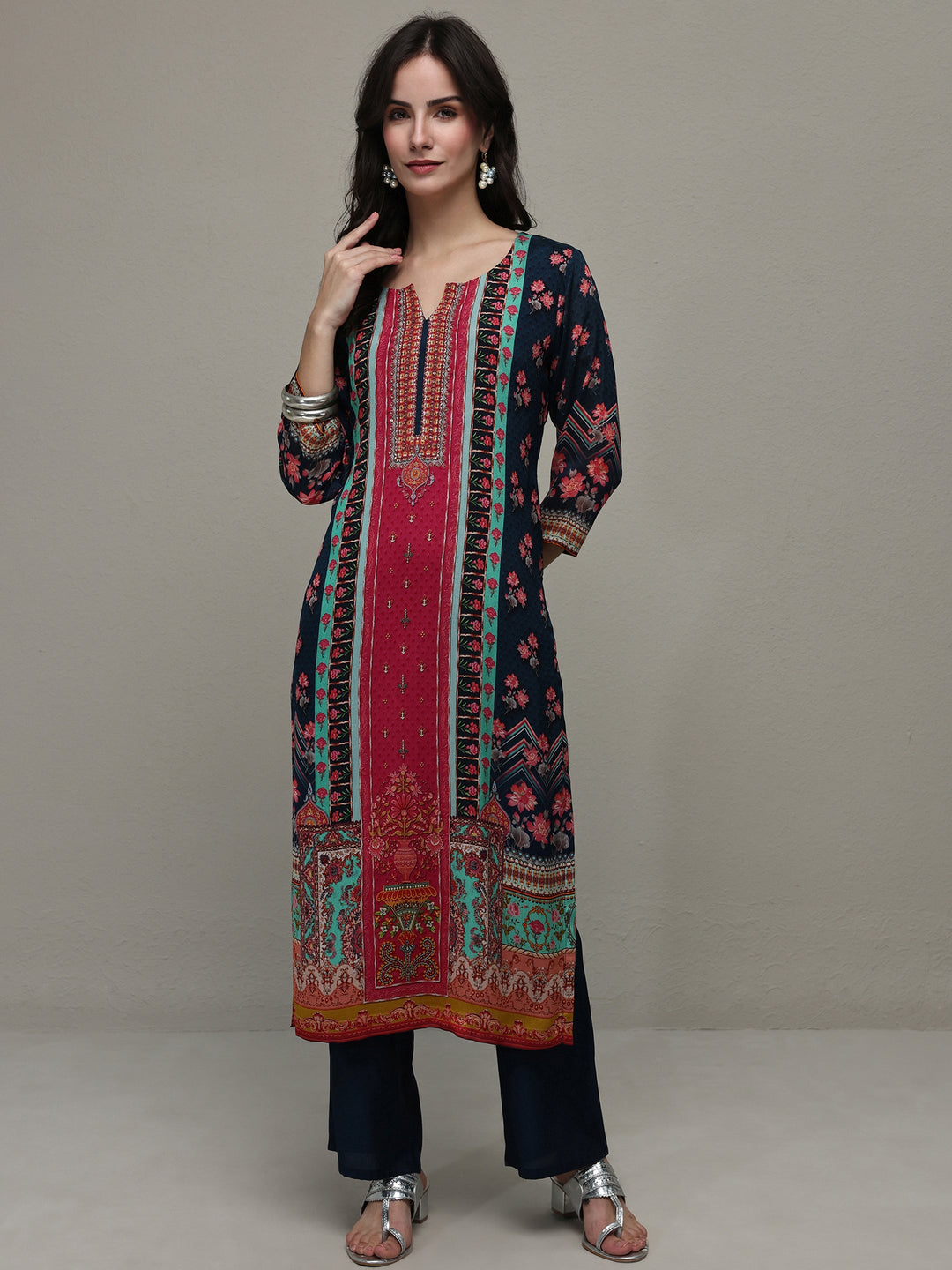 Navy Blue Floral Printed Chinon Straight Kurta