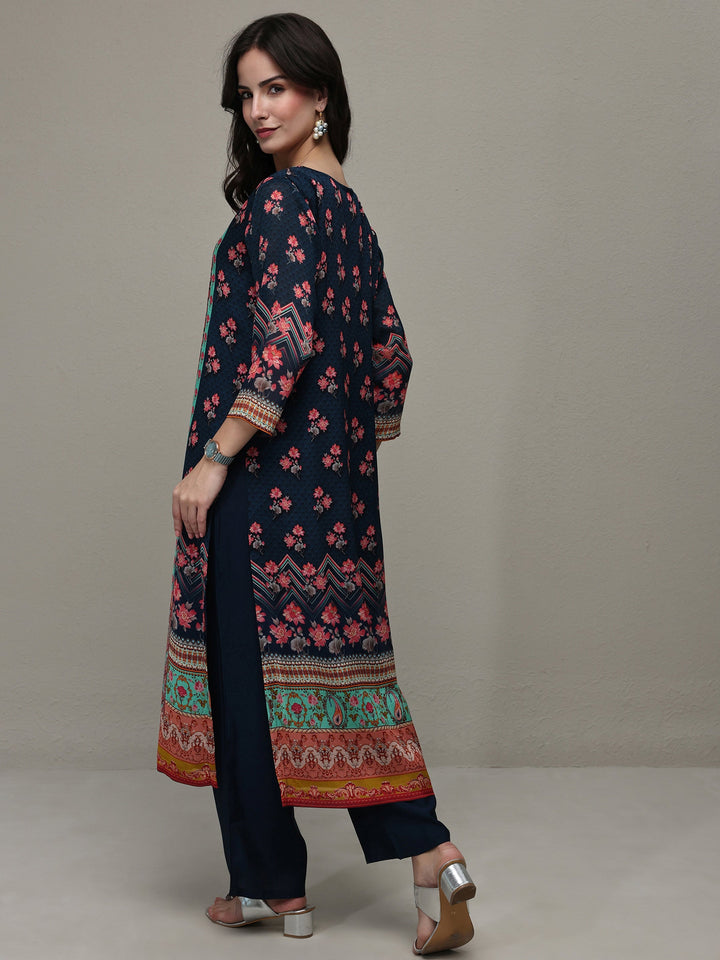 Navy Blue Floral Printed Chinon Straight Kurta