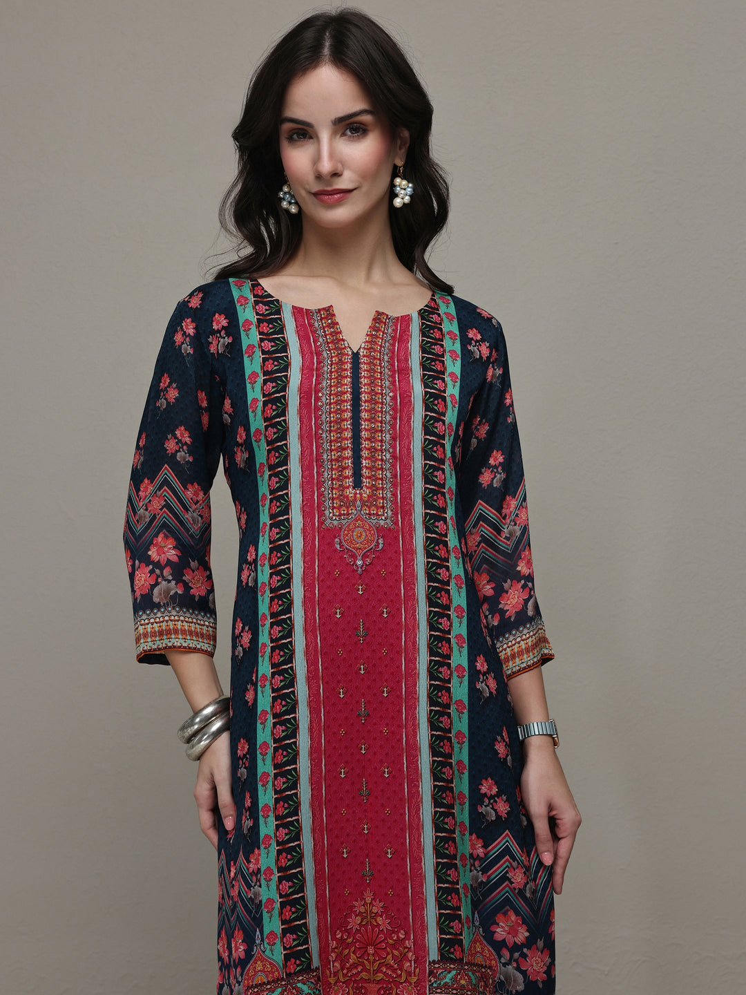 Navy Blue Floral Printed Chinon Straight Kurta