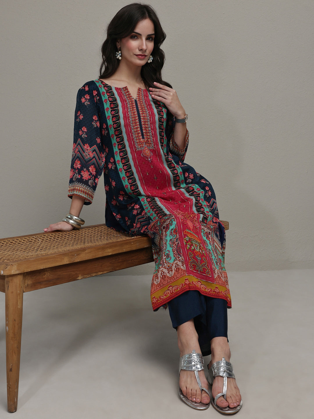 Navy Blue Floral Printed Chinon Straight Kurta