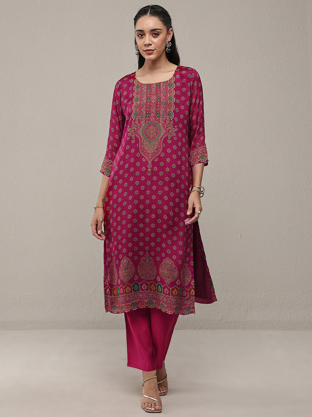 Libas Pink Ethnic Printed Chinon Straight Kurta
