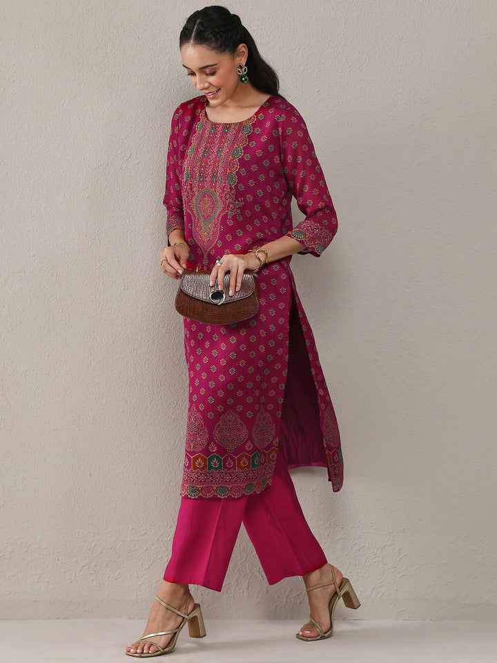 Libas Pink Ethnic Printed Chinon Straight Kurta