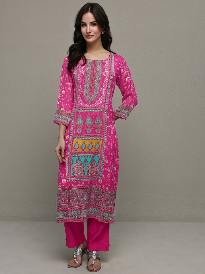Libas Pink Ethnic Printed Chinon Straight Kurta