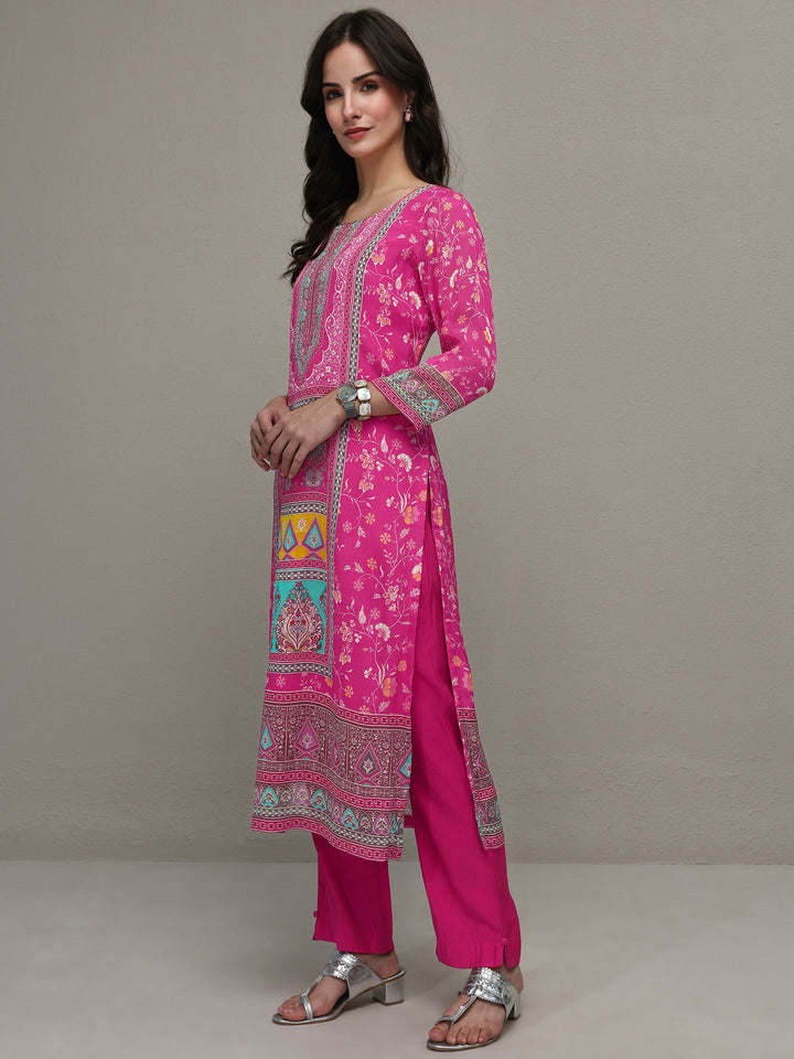 Libas Pink Ethnic Printed Chinon Straight Kurta