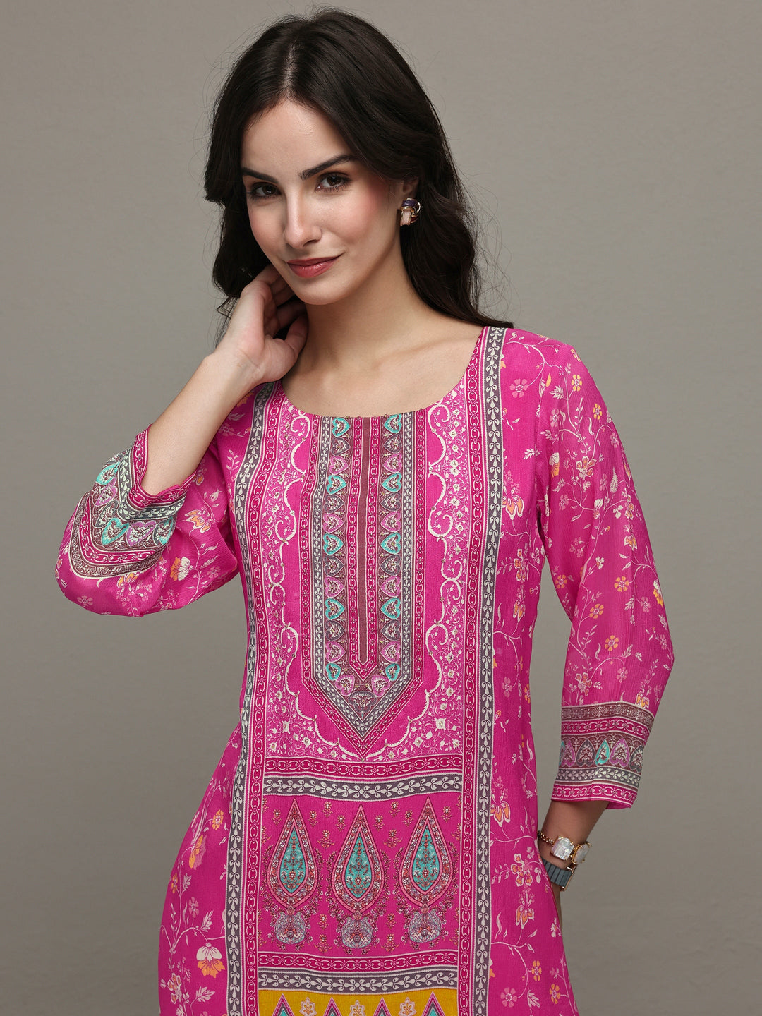 Libas Pink Ethnic Printed Chinon Straight Kurta