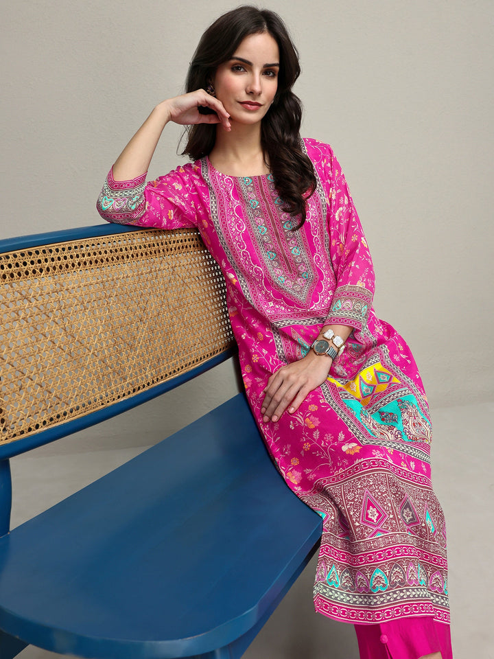 Libas Pink Ethnic Printed Chinon Straight Kurta