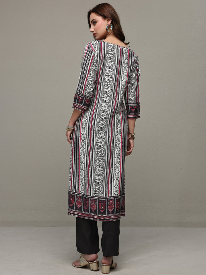 Black Ethnic Printed Silk Blend Straight Kurta