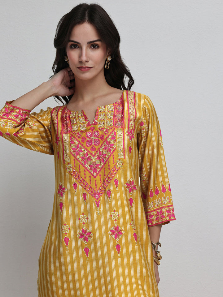 Mustard Striped Printed Silk Blend Straight Kurta