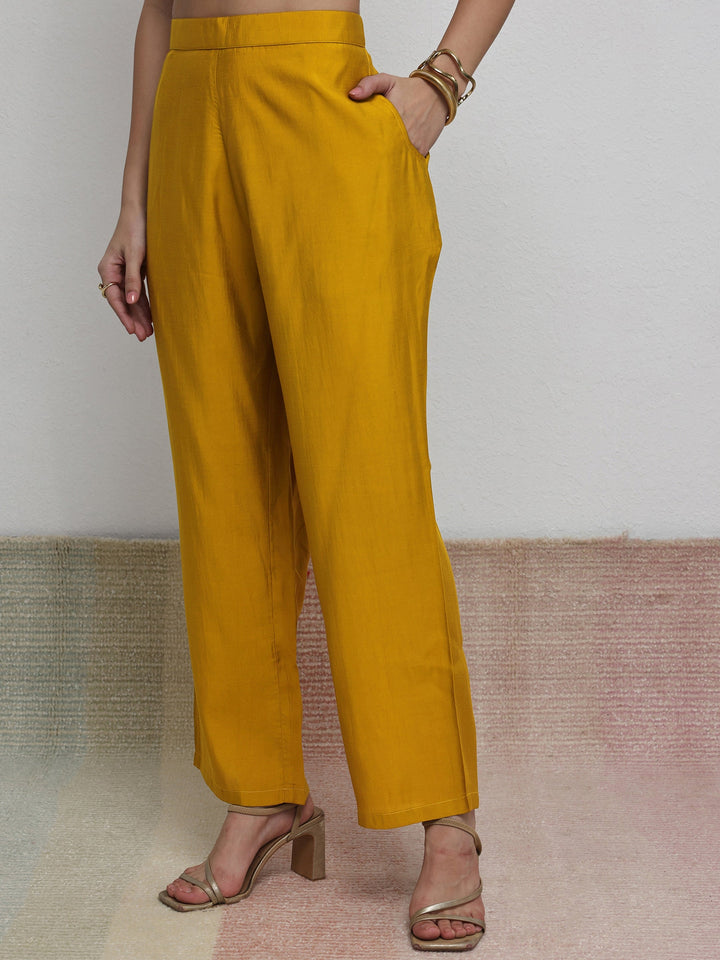 Mustard Striped Printed Silk Blend Straight Kurta