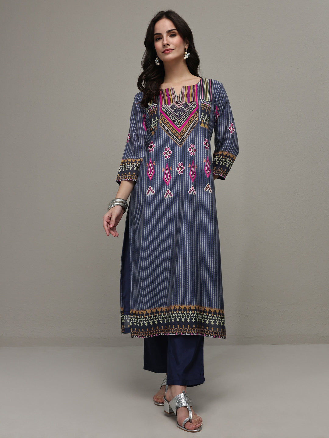 Navy Blue Striped Printed Silk Blend Straight Kurta